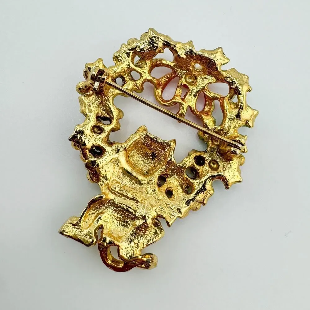 Vintage Signed AJC Cat Wreath Brooch Gold Plated Christmas Festive Feline Fun